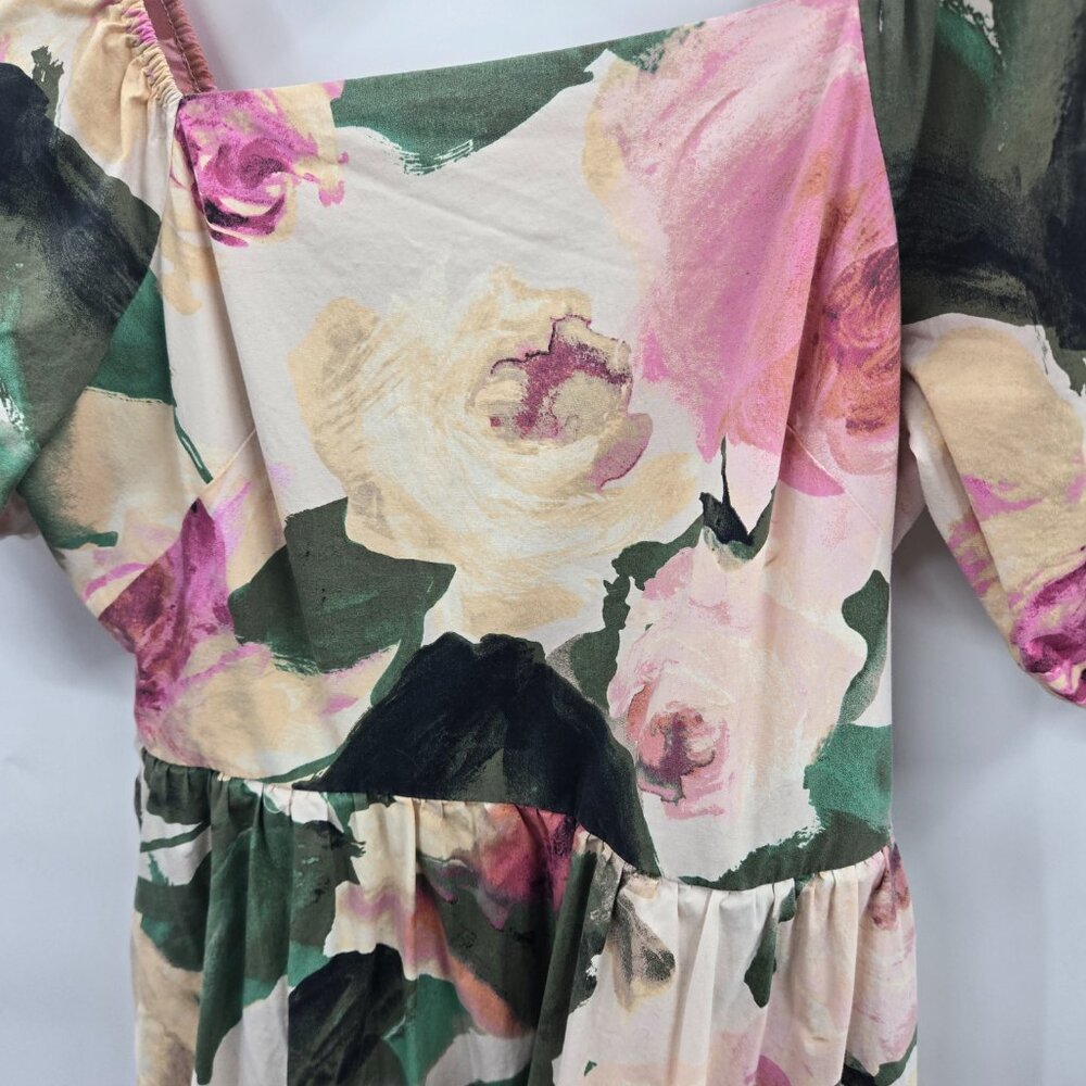 Express Cream Floral Watercolor Off Shoulder Puff Sleeve Maxi Dress Size Medium - Picture 8 of 16